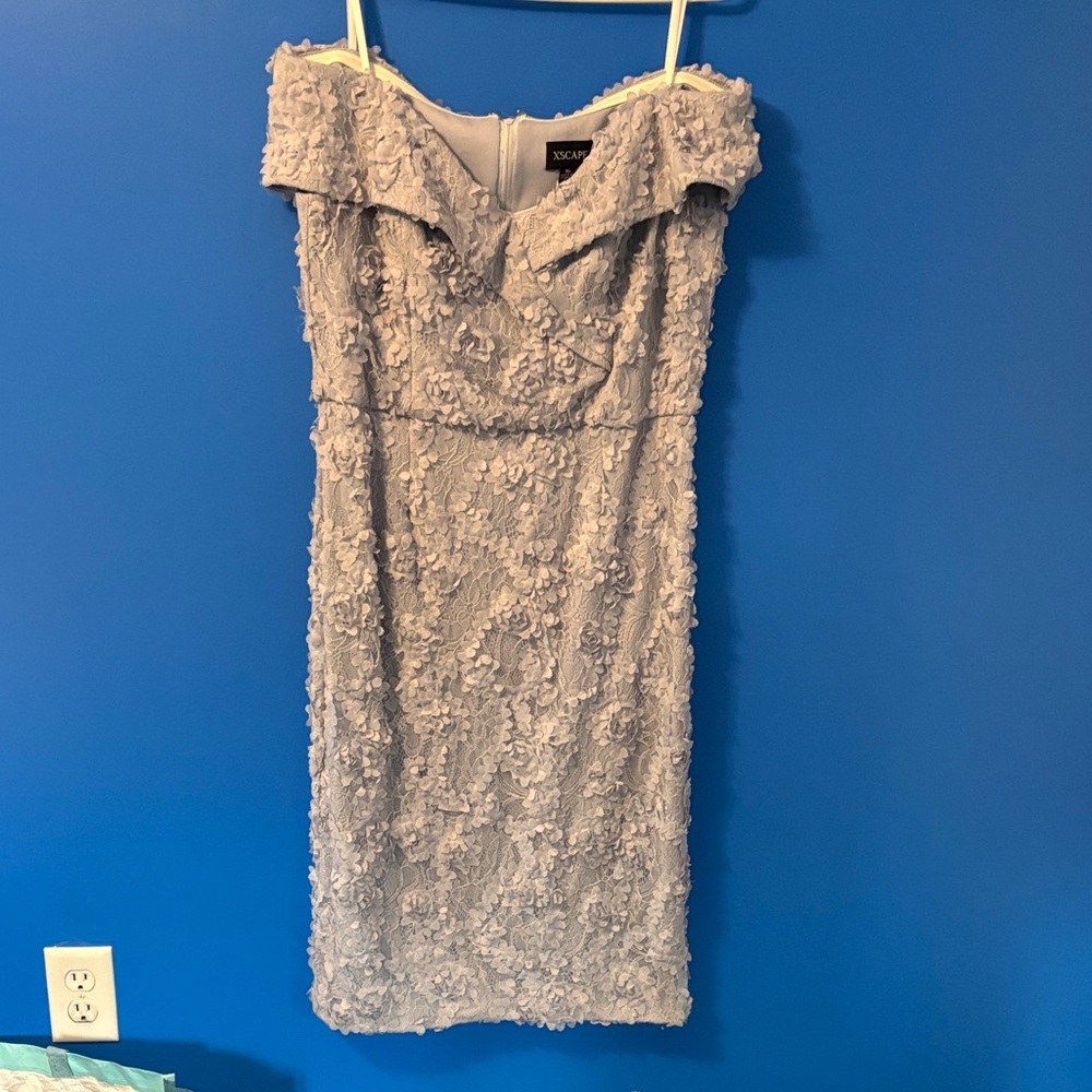 Xscape Strapless Textured Dress in Light Gray